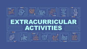 Extracurricular activities text with various creative thin line icons concept on dark blue monochromatic background, editable 2D vector illustration.