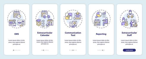 2D icons representing extracurricular management system mobile app screen set. Walkthrough 5 steps multicolor graphic instructions with line icons concept, UI, UX, GUI template. vector