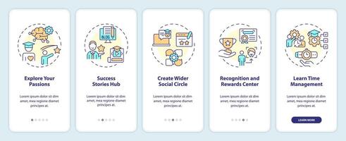 2d íconos representando recomendaciones móvil aplicación pantalla colocar. recorrido 5 5 pasos Extra curricular ocupaciones gráfico instrucciones con lineal íconos concepto, ui, ux, gui modelo. vector