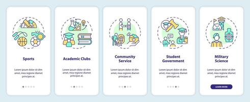 2D icons representing extracurricular activities concepts mobile app screen set. Walkthrough 5 steps multicolor graphic instructions with thin line icons concept, UI, UX, GUI template. vector
