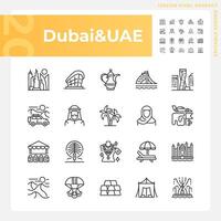 Dubai modern city architecture linear icons set. Vacation trip, resort. Variety of activities, unique landmarks. Customizable thin line symbols. Isolated vector outline illustrations. Editable stroke