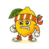 Cartoon lemon retro groovy character in a striped hat and scarf. Vector illustration on white background. Trendy 70s cartoon style.