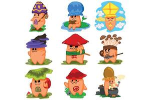 Set Of Cartoon Mushroom Character Vector Sublimation