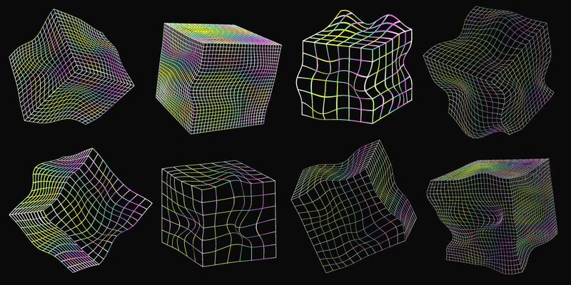 Collection of distorted wireframe cubes from different sides. Vector abstract geometric 3D objects. Technology block chain network connection. Big data visualization. Unicorn gradient color.