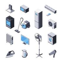 Vector clipart of household appliances, electronics. Isometric 3D icons. Kitchen stove, hood, microwave, fridge, air conditioner, vacuum cleaner, heater, TV, washing machine, iron, electric ket, fan