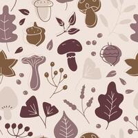 Vector seamless pattern of natural element, botanical texture. Abstract background with hand drawn leaves, twigs, mushrooms, acorns, berries, plants. Autumn illustration, leaf fall, september, october