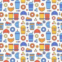 Seamless pattern of cups of coffee, drinks, croissants, cakes, donuts. Illustration on the theme of food, coffee and sweets. Vector abstract background of icons of cups of coffee, tea, dessert, baking