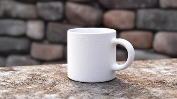 AI generated A Blank White Mug Mockup with Stone Wall Background. Perfect for Branding and Custom Design Presentations. photo