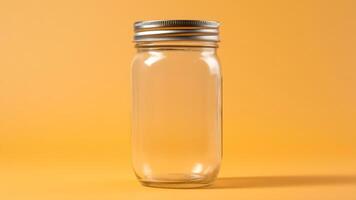 AI generated Empty glass mason jar on a yellow background. Minimal style. Copy space. photo