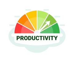 Brightly colored gauge showing productivity levels with an upward pointing arrow on a light background vector