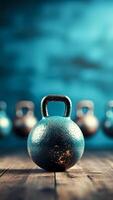 AI generated Blue kettlebell on a wooden background. Fitness and healthy lifestyle concept. photo