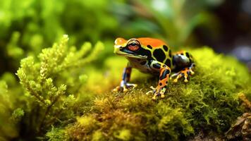 AI generated A Harlequin Frog, Atelopus varius, perched on a moss-covered rock. photo