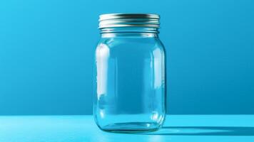 AI generated Empty glass mason jar on blue background. Minimal style. Copy space. photo