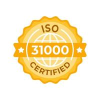 Yo asi 31000 certificado emblema. un sofisticado, dorado Certificación Insignia simbolizando adherencia a el Yo asi 31000 riesgo administración pautas vector