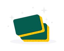 Two dark green cleaning sponges with yellow dotted textures stacked on a reflective surface with sparkle effect vector