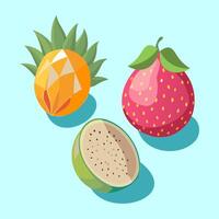 three different exotic fruits are shown on a blue background vector