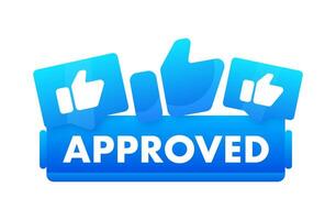 Vector illustration of a blue APPROVED banner with thumbs up icons symbolizing positive verification, acceptance, or endorsement