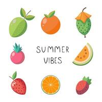 verano vibraciones y frutas íconos vector ilustración