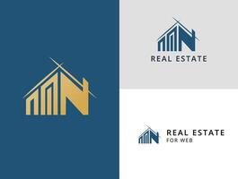 Word mark Real Estate. Logo Template, Element Building with letter n. Building with text vector