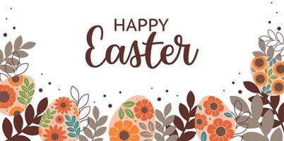 Benner for Happy Easter with eggs, flowers leaves and lettering vector