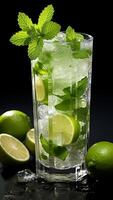 ai generado mojito cóctel con Lima, menta y hielo en negro antecedentes. refrescante verano bebida concepto. foto