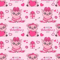 Seamless pattern with kawaii pig in love, happy inscription. Valentine's day party, vacation, holiday concept.Vector illustration for product design, wallpaper, wrapping paper. vector