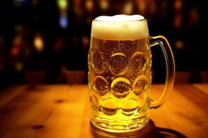 ai generado frío Fresco brillantez delicioso sin embotellar arte cerveza espuma jarra vaso barrilete cerveza de madera mesa bar pub. cervecería alcohol no alcohólico bebida fiesta degustación fiesta Oktoberfest Munich foto