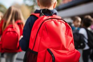 ai generado primero día elemental colegio grupo pequeño niños Niños de escuela alumnos estudiantes juntos yendo Universidad clase lección estudiar aprender rojo mochilas espalda vista. nuevo académico semestre año comienzo foto