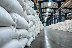 AI generated Rows of big white sacks at large warehouse in modern factory. photo