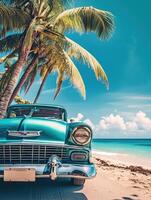 AI generated An old car parked on a tropical beach photo