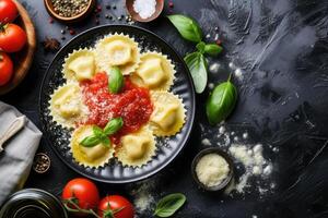 ai generado Ravioles con tomate salsa y albahaca en oscuro antecedentes foto