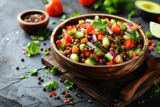 AI generated Lentil salad with veggies, healthy food, vegetarian and vegan snack. photo