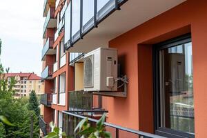 AI generated Air source heat pump installed in residential building. photo