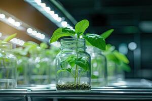 ai generado planta investigación, verde planta en un vaso tarro en un laboratorio. ecológico cría y planta desarrollo. foto