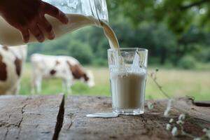 ai generado Leche desde jarra torrencial dentro vaso en mesa con vaca en el prado en el antecedentes. vaso de Leche en de madera mesa. foto