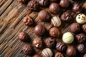 AI generated Dark, milk and white chocolate candies, pralines, truffles on wooden table photo