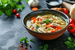 AI generated Homemade chicken noodle soup with vegetables and spices in a bowl. Healthy food concept photo
