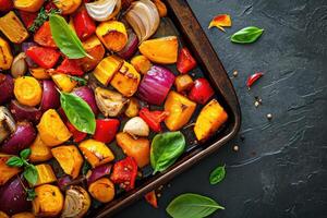 AI generated Roasted colorful autumn vegetables. photo