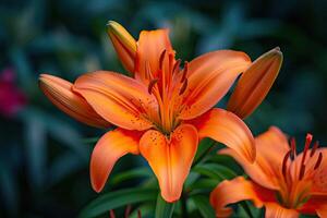 AI generated Brightly orange lily flowers. Beautiful flowers with orange petals. photo