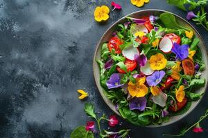 AI generated Fresh salad of spring vegetables decorated with edible flowers photo