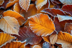 AI generated Orange beech leaves covered with frost in late fall or early winter. photo