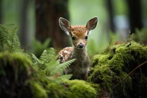 ai generado un bebé ciervo en el bosque foto