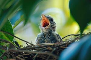 ai generado joven pájaro en nido con abierto boca esperando a ser alimentado. foto