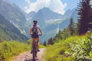 AI generated Mountain biking woman riding on bike in summer mountains forest landscape. photo