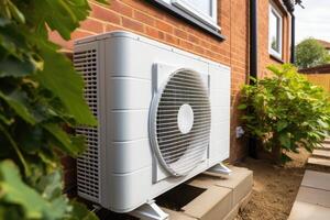 AI generated Air source heat pump installed in residential building. photo