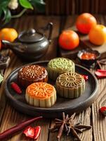 AI generated Chinese traditional Moon cakes at mid autumn festival. photo