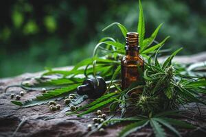 AI generated Medical CBD oil with cannabis leaves. The concept of medical tincture of marijuana. photo