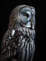 AI generated Great grey owl Strix nebulosa isolated of black background photo