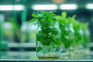 AI generated Plant research, green plant in a glass jar in a laboratory. Ecological breeding and plant development. photo