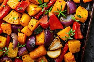 AI generated Roasted colorful autumn vegetables. photo